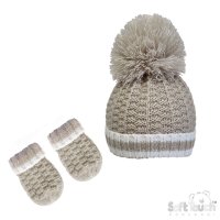 H648-BI-SM: Biscuit Ribbed Hat & Mittens (0-12m)